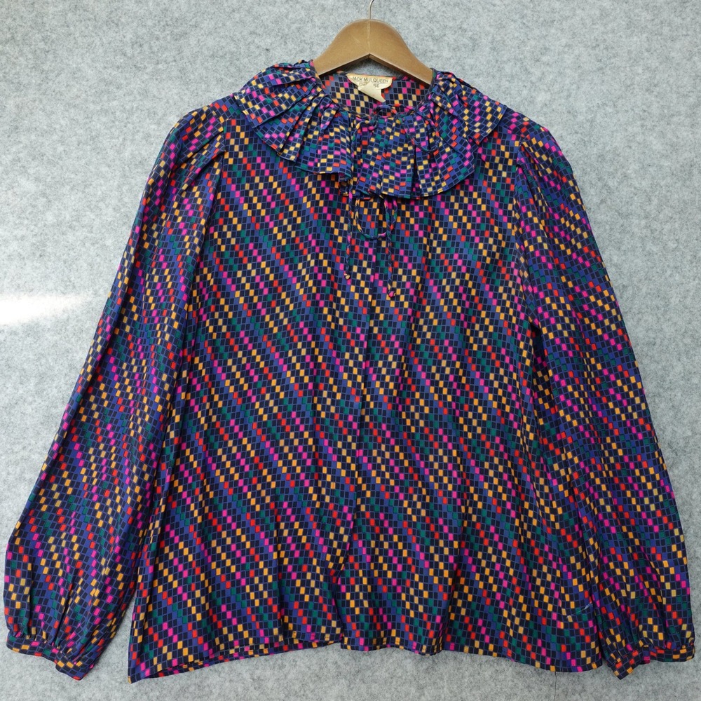 Vintage 1980s Secretary Silk Blouse SMALL 6 Navy Confetti MOD Art JACK MULQUEEN